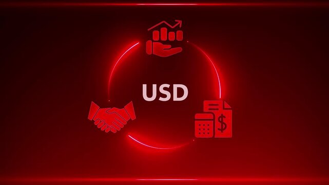 US Dollar currency financial cycle with handshake graph and calculator icons on red background US Dollar