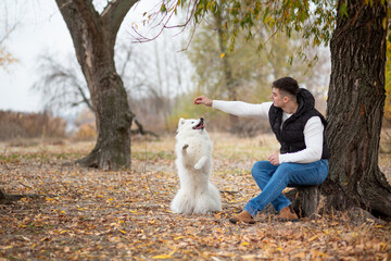 A guy trains his pet Samoyed while sitting in a park by the river