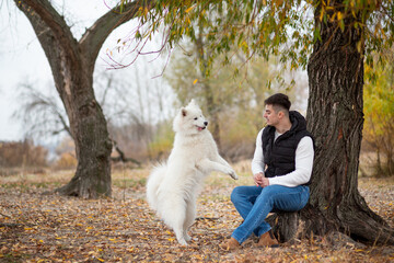 A guy trains his pet Samoyed while sitting in a park by the river