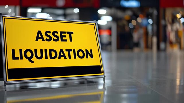 Asset liquidation sign yellow board and black text glossy reflective floor indoor retail store conveying clearance sale urgency and empty storefront atmosphere and floor signage for retail store