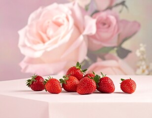 Fresh strawberries on a pink surface with blurred roses in the background creating a vibrant display