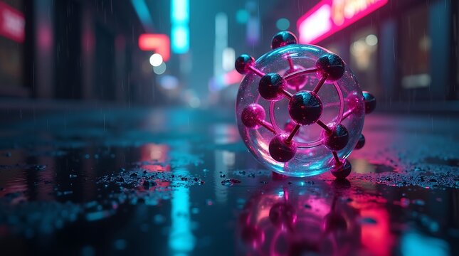 Abstract molecule suspended in vacuum: Complex structure rendered in high-contrast neon turquoise and magenta, with a dark, wet cyberpunk city street background and sharp edges.