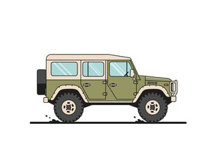 Vintage off-road vehicle illustration with a rugged design and spacious interior, perfect for adventure travel