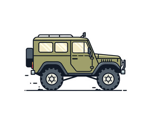 Rugged green off-road vehicle driving on an adventure. Side view vector illustration of a classic 4x4 all-terrain car for travel