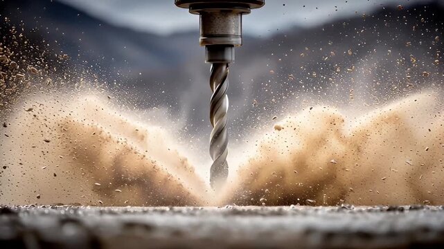 Drill bit cutting into wood with wood chips and dust flying, close up woodworking action workshop motion industrial drill bit carving stone with dynamic debris and dust explosion, construction close