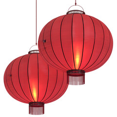Two red chinese lanterns illuminated isolated on transparent background