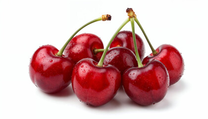 Fresh red cherries with water droplets isolated on white background