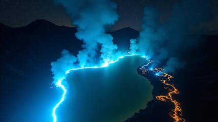 Powerful, almost painterly color palette of Ijen: Aerial shot of the crater at night, emphasizing the sinuous blue fire against fissured volcanic terrain and the stark counterpoint of the acid lake.