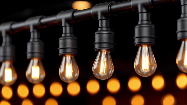 Vintage filament bulb string Edison hanging light warm glow bokeh industrial fixture string light glowing warmly in industrial metal sockets cozy ambient lighting