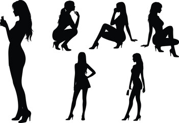 Elegant female silhouette icon set, fashionable women posing in high heels, vector illustration collection isolated on white background design elements