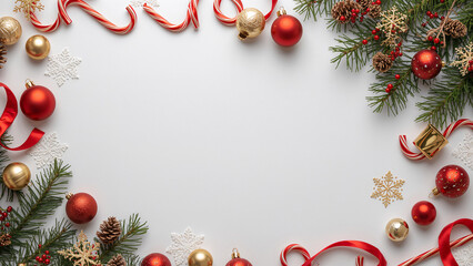 Fototapeta premium Christmas Flat Lay Background with Ornaments, Pine Branches and Candy Canes