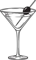 Elegant martini glass with olive monochrome illustration on white background