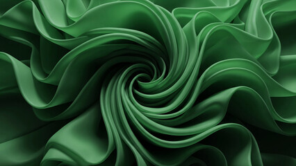 Obraz premium Green folds and ruffles of airy chiffon or satin flowing fabric. Banner background template for advertising cosmetics, perfumes, and fabric designs in a natural style, copy space.