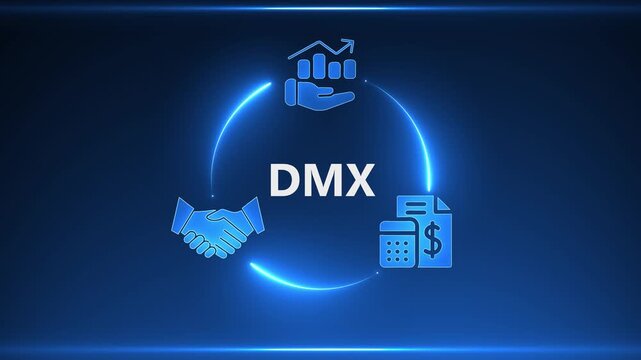 Blue Neon Circle With DMX Text And Financial Icons On Dark Blue Background business growth
