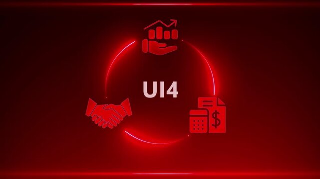 Red Neon Circle with Business Icons and U I4 Text on Dark Red Gradient Background finance handshake