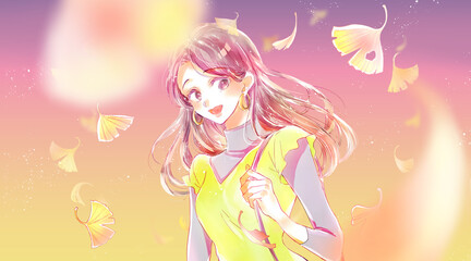 出かける女性　秋　イチョウ