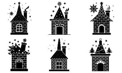 Fototapeta premium Whimsical holiday homes vector art for joyful Christmas designs, cute winter cottage graphics, festive village icons for cards and decorations