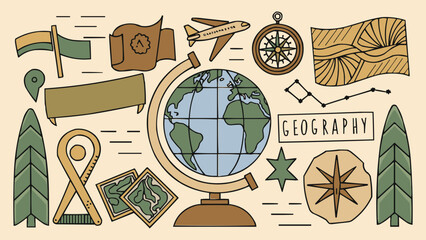 Geography themed illustration with globe compass airplane maps and nature elements in hand drawn education style