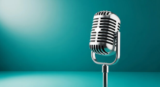 A classic silver microphone stands in front of a teal background, ready for a podcast or recording session