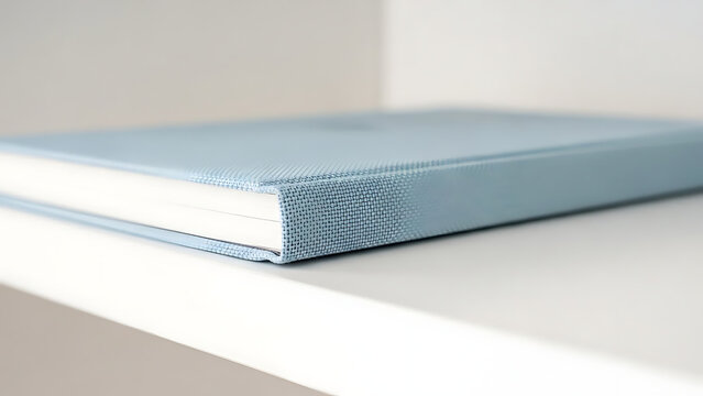 Close-up of a light blue book on a white shelf.