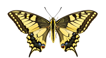 Fototapeta premium Detailed view of a monarch butterfly with yellow and black wings on a white background