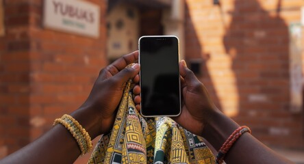 Close-up of dark-skinned hands holding a phone, with a brick building in the blurred background