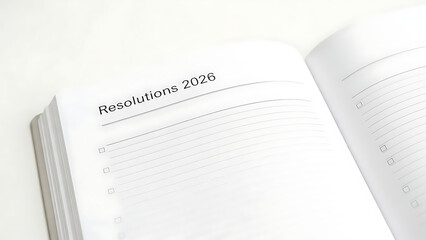 An open planner or notebook displaying 'Resolutions 2026' on a blank page, ready for new year's goals and personal plans.