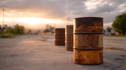 Obraz premium Rusty metal barrels lined up on a paved surface during golden hour with a cloudy sky