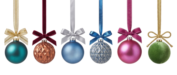 PNG modern colorful Christmas ornaments set hanging from decorative ribbons isolated on transparent background