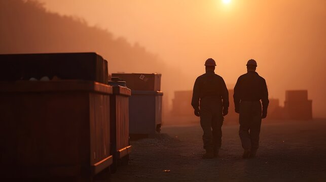 Two workers in hard hats walk through a hazy industrial site at dawn passing waste containers