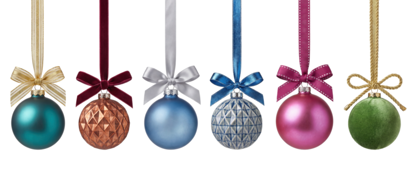 PNG modern colorful Christmas ornaments set hanging from decorative ribbons isolated on transparent background