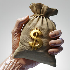 💰 Hand holding a symbol of financial success: a bag full of money, representing cash wealth, investment, and savings in banking business