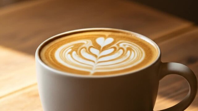 Aesthetic Latte Art Creation: Close-Up Shots of Coffee Mug on Wooden Table with Artistic Foam Design