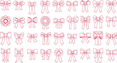 Large Outline Vector Collection of Various Decorative Red Ribbon Bows and Knots