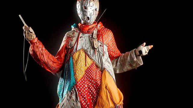 Creepy Clown Performance Art with Masked Performer and Patchwork Outfit in Striking and Surreal Photographic Art Scene