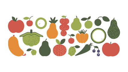 Colourful fruit and vegetable icons arranged in simple flat illustration style