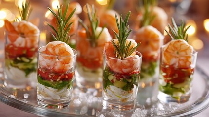 finger food idea for Christmas party pawn cocktail shot , bright light cozy