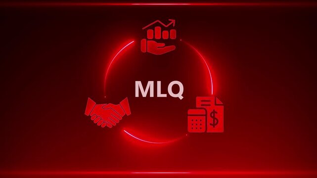 Red Neon Circle with Icons of Handshake Growth Chart and Calculator with Dollar Sign and Text MLQ acronym