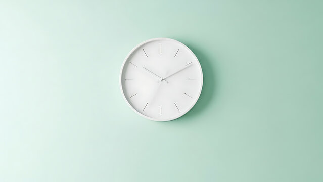 A minimalist white analog clock without numbers hanging on a plain pastel mint green wall.