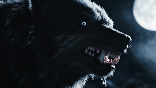 Snarling Werewolf Profile with Glowing Eyes - A menacing werewolf with glowing blue eyes snarls, revealing sharp teeth and fangs.