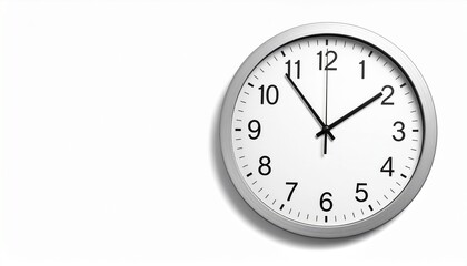 Round wall clock with white face and black hands showing 10:10 on white wall.