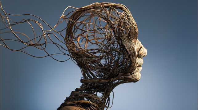 Human head silhouette made of tangled wires abstract art creative concept emotional expression surreal modern sculpture metallic texture blue background - Powered by Adobe