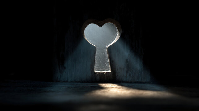 Heart shaped keyhole light shadow wood mystery romance hope security abstract concept. Heart shaped keyhole with light shining through casting dramatic shadow wooden surface evoking mystery - Powered by Adobe
