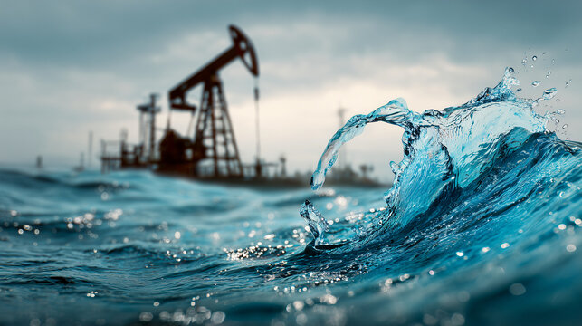 Oil rig water wave clean environment energy blue industrial nature transformation. Oil rig pumps clean water instead of oil symbolizing environmental transformation and hope for sustainable energy