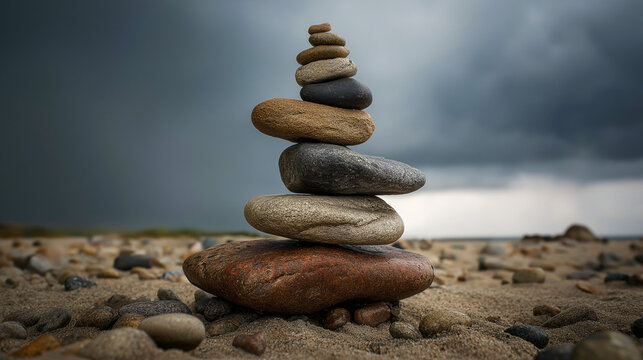 Balanced stones zen cairn on sandy beach with dramatic stormy sky, symbolizing calm, meditation, harmony, and inner peace amidst chaos, natural outdoor landscape