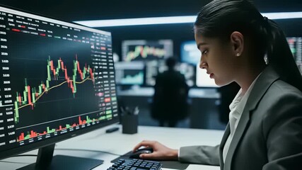 Professional woman analyzing financial market data in a fast paced business environment, surrounded by real time stock prices and market trends, perfectly capturing the concept of competitive. - Powered by Adobe