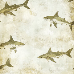 Vintage artistic wallpaper design, soft retro hues, decorative texture with small sharks, seamless artistic pattern, weathered background.