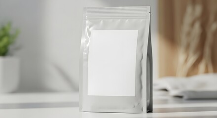 Realistic mockup of a silver standup pouch with a blank white label for product packaging design presentation in a bright, minimalist setting