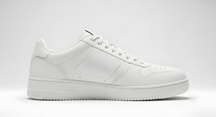 Minimalist white leather sneaker shown in profile against a clean, bright white background, perfect for fashion and footwear concepts, isolated on white background