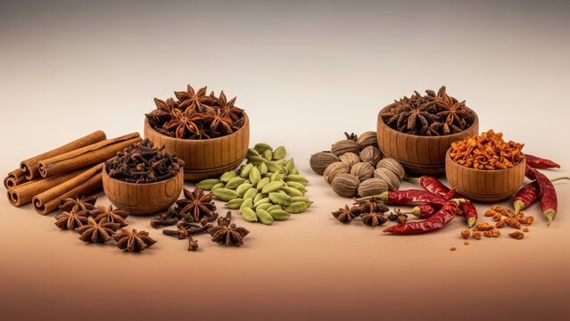 Assortment of whole spices in wooden bowls and piles
